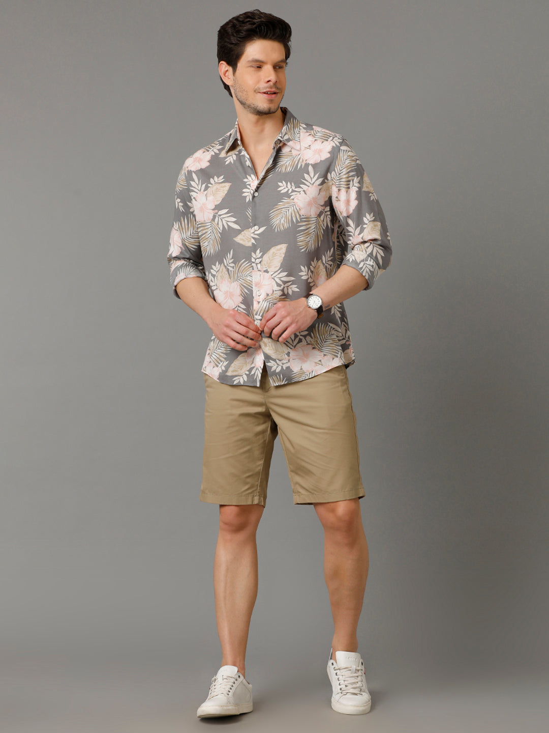 Aldeno Mens Slim Fit Floral Print Grey Casual Viscose Rayon Shirt (VALEN)