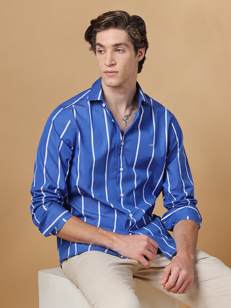 Blue regular fit cotton striped casual shirt for men (BENIO)