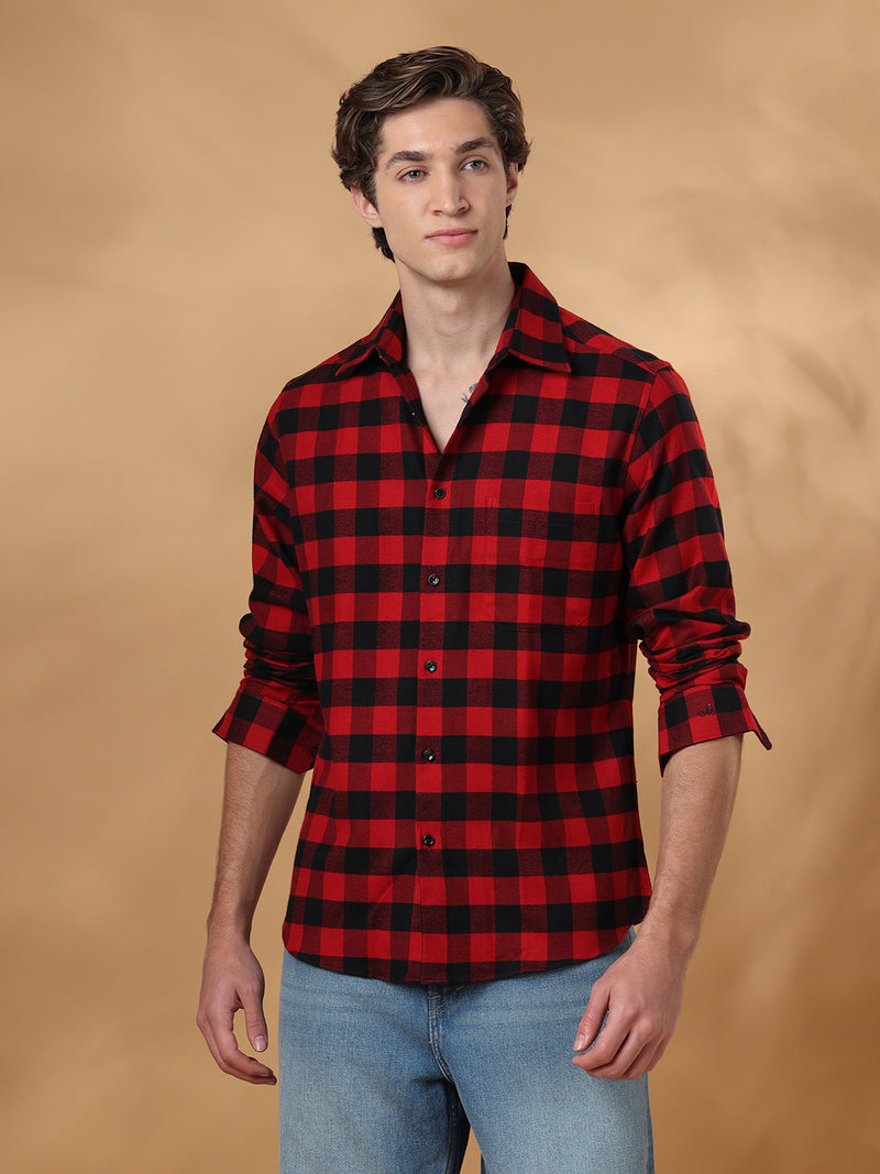Red regular fit cotton checked casual shirt for men (CIVIS)
