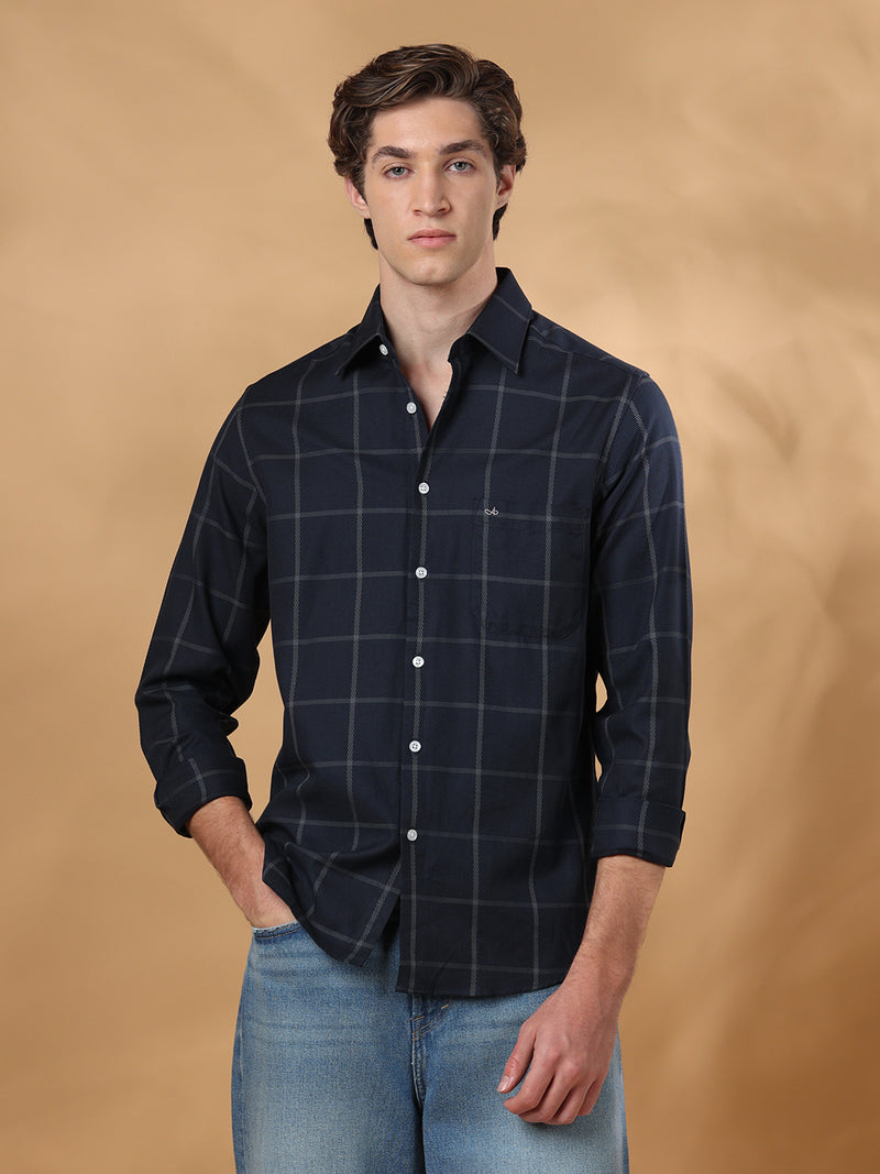 Navy Blue regular fit cotton checked casual shirt for men (CICLO)