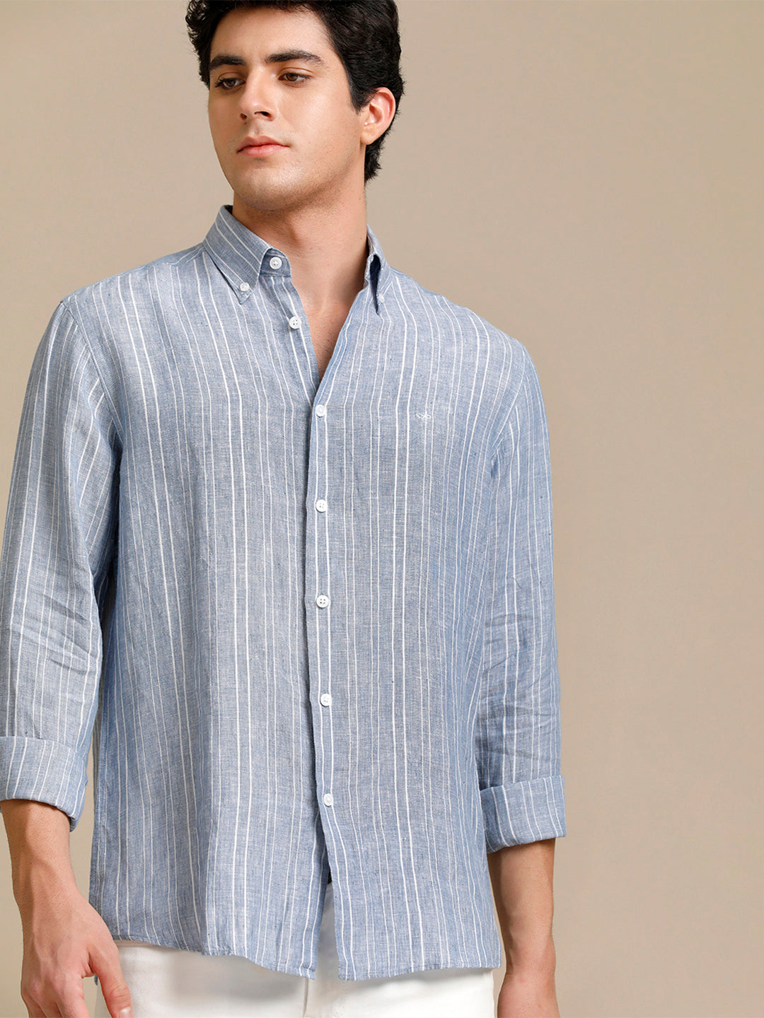 Aldeno Mens Regular Fit Blue/White Stripe Casual Linen Shirt (LABUL)