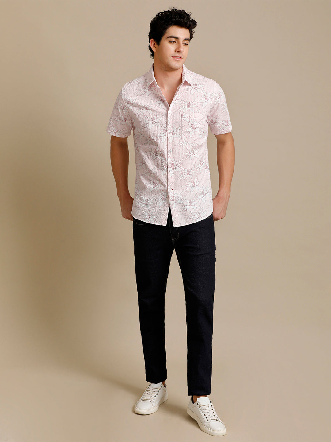 Aldeno Mens Regular Fit Floral Aop Pink/White Casual Cotton Shirt (FLOPIN)
