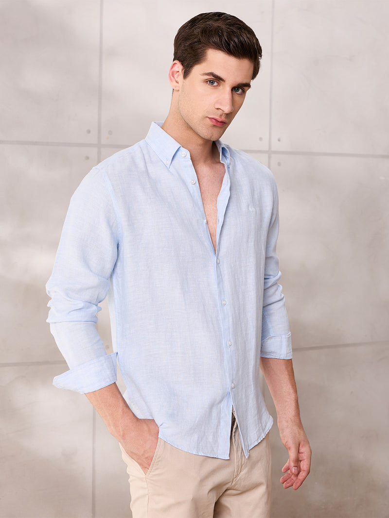 Blue regular fit linen formal shirt for men (ELISO)