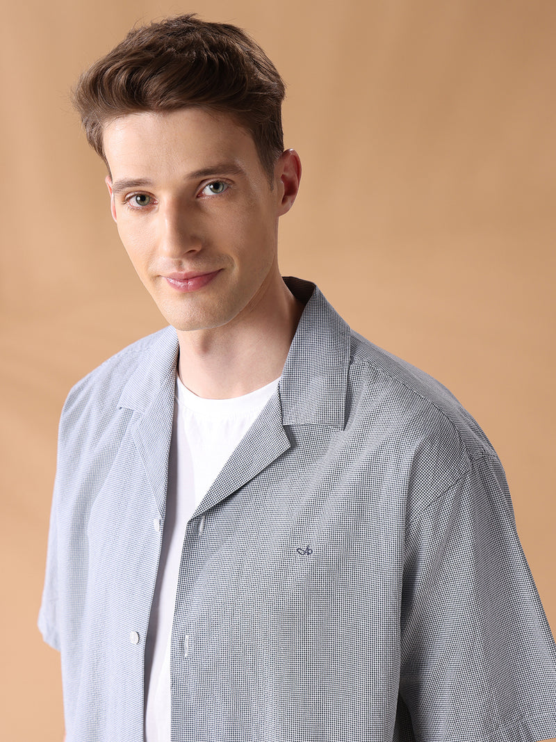 Grey regular fit cotton checked casual shirt for men (LEONO)