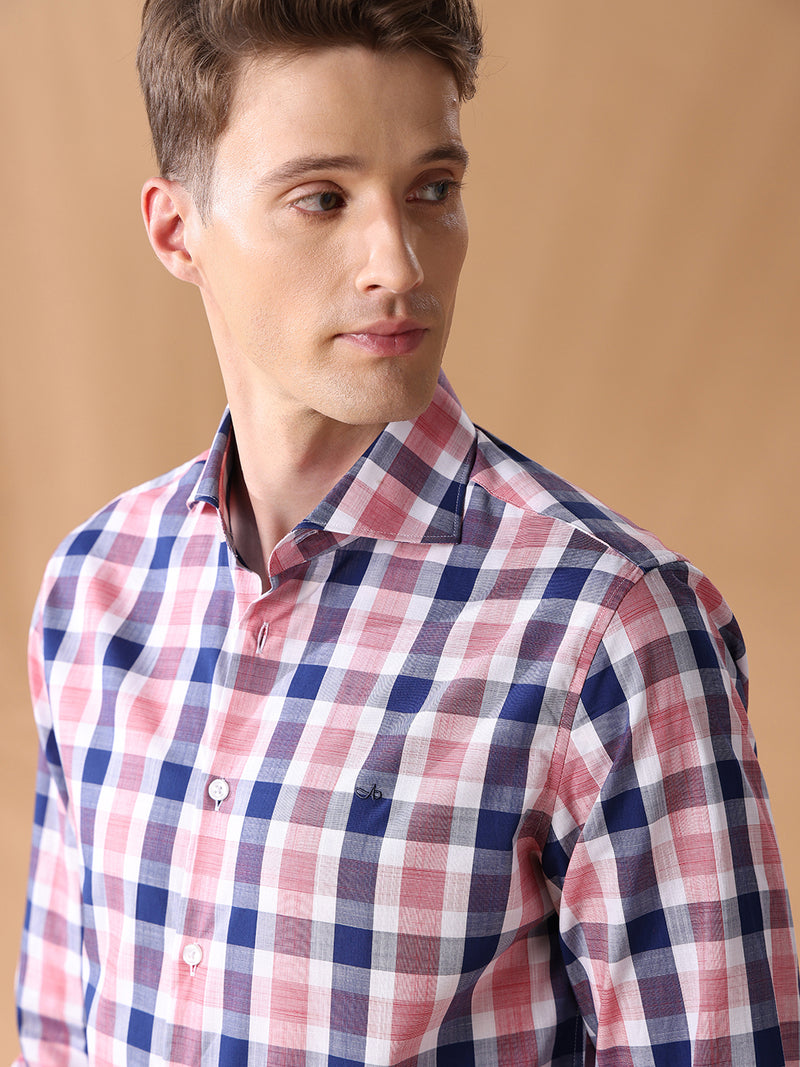 Pink slim fit cotton checked formal shirt for men (CELEB)