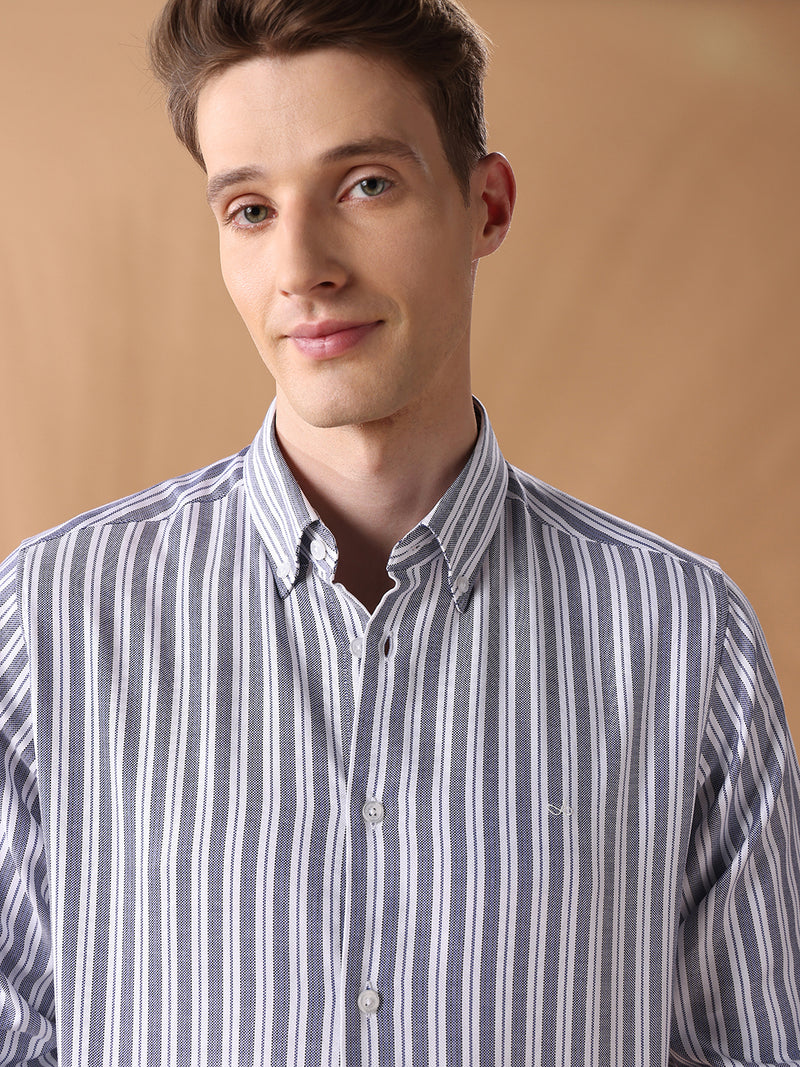 Blue regular fit cotton striped casual shirt for men (COSMO)