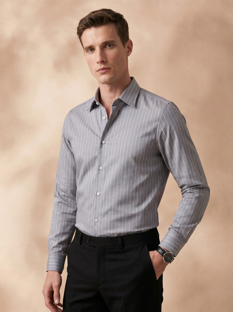 Grey slim fit tencel striped formal shirt for men (FELIT)