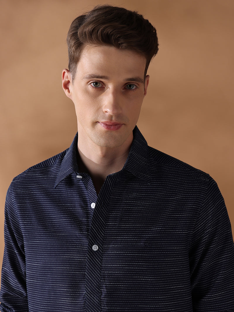 Navy Blue regular fit cotton striped casual shirt for men (LESSA)