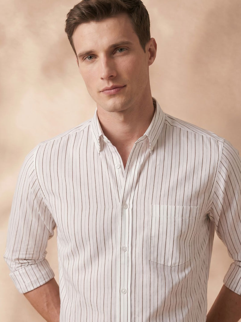 White regular fit cotton striped formal shirt for men (FIXON)