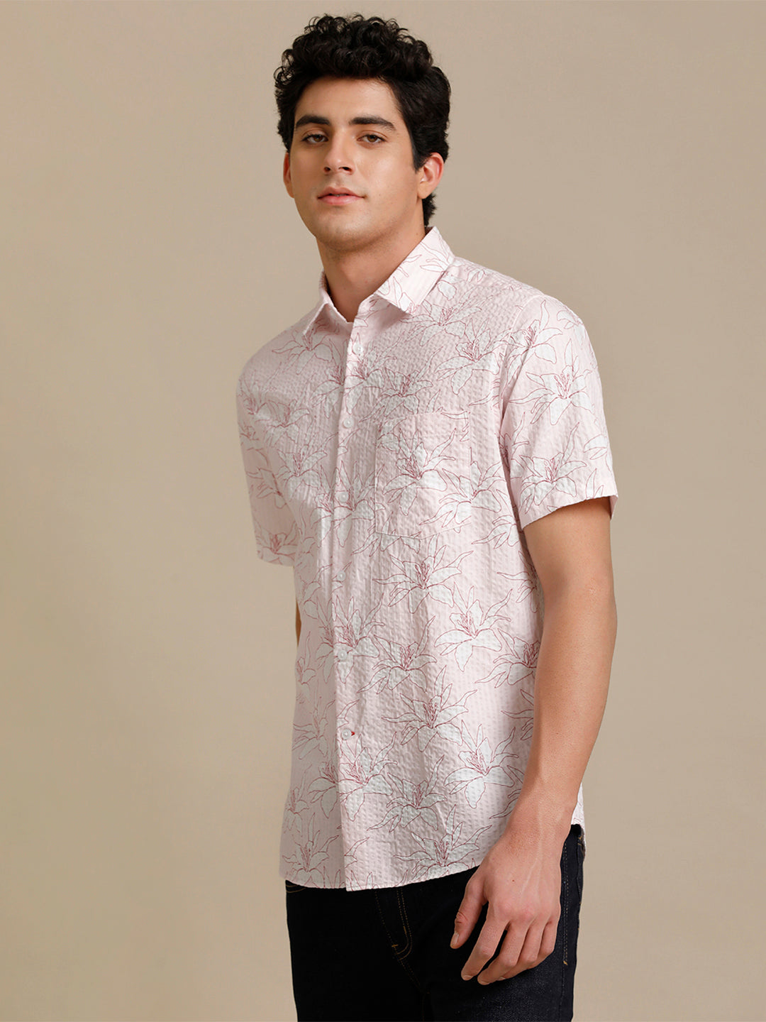 Aldeno Mens Regular Fit Floral Aop Pink/White Casual Cotton Shirt (FLOPIN)