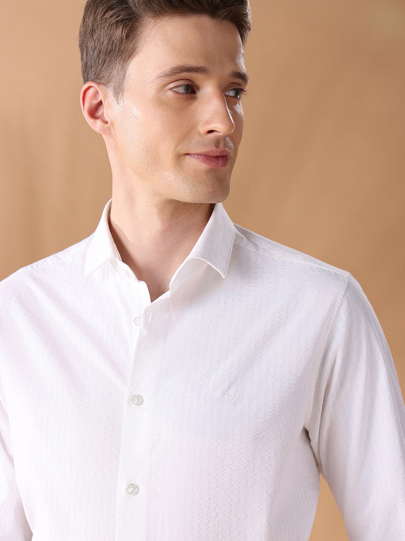 White regular fit cotton striped formal shirt for men (LEANA)