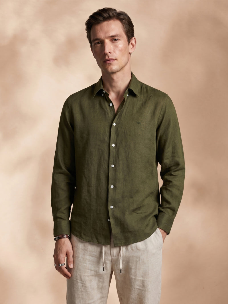 Olive Green regular fit linen casual shirt for men (LITRO)