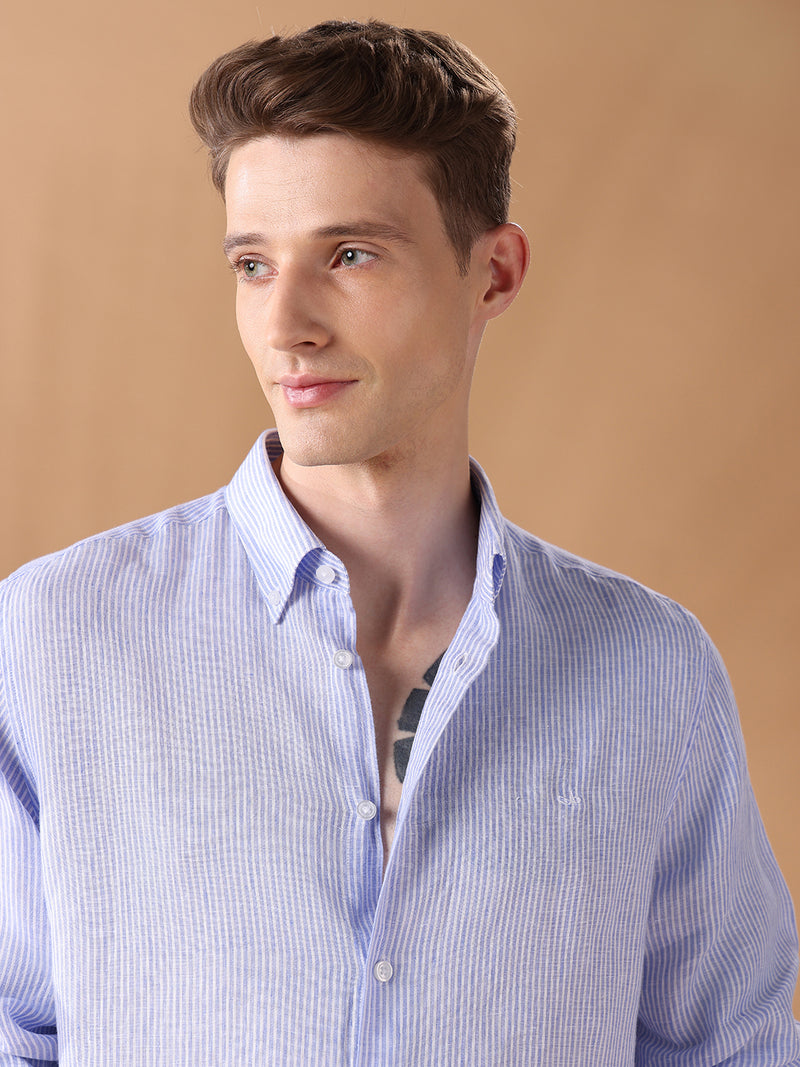 Blue regular fit linen striped casual shirt for men (LIBA)