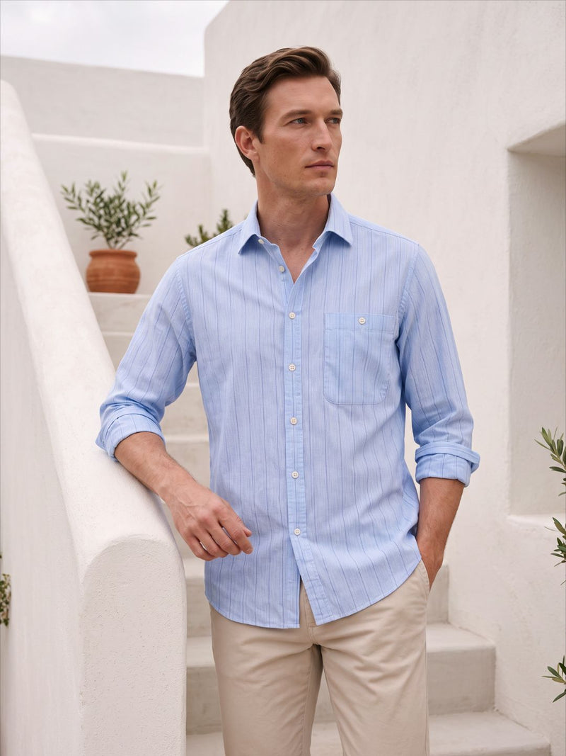 Blue relaxed fit cotton striped casual shirt for men (BIEN)
