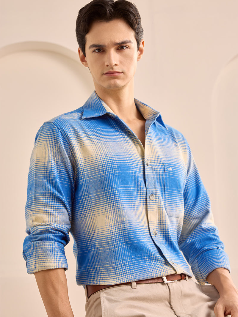 Blue regular fit cotton checked casual shirt for men (LANIK)