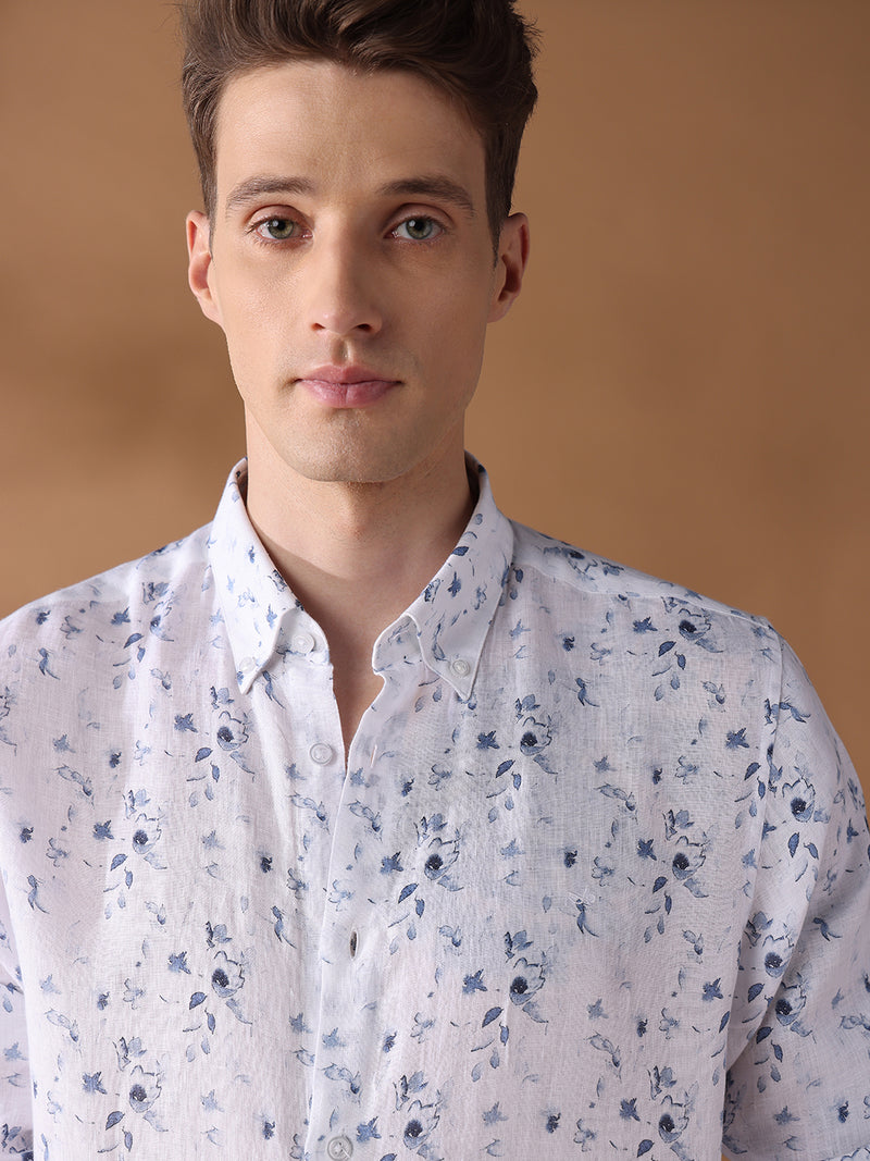 Navy Blue regular fit linen printed casual shirt for men (LION)