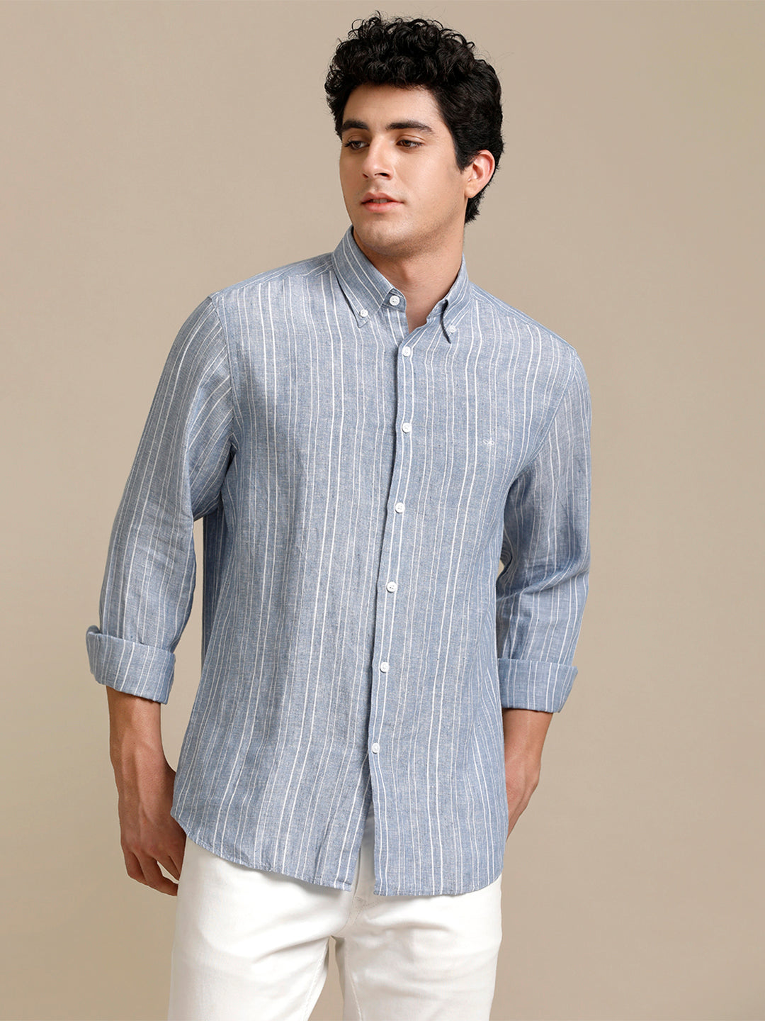 Aldeno Mens Regular Fit Blue/White Stripe Casual Linen Shirt (LABUL)