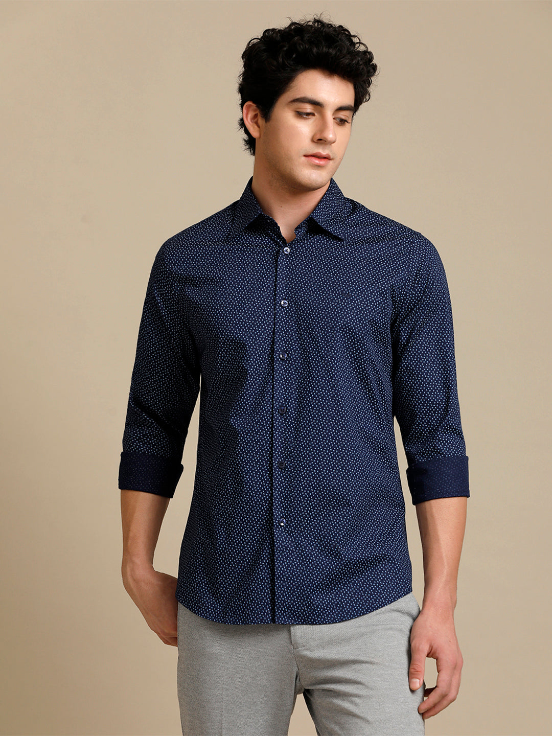 Aldeno Mens Regular Fit Small Motif Aop Navy/Blue Casual Cotton Shirt (POBUL)
