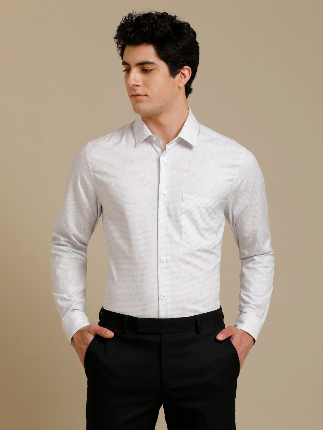 Aldeno Mens Slim Fit Dots White/Navy Formal Cotton Shirt (FORBUL)