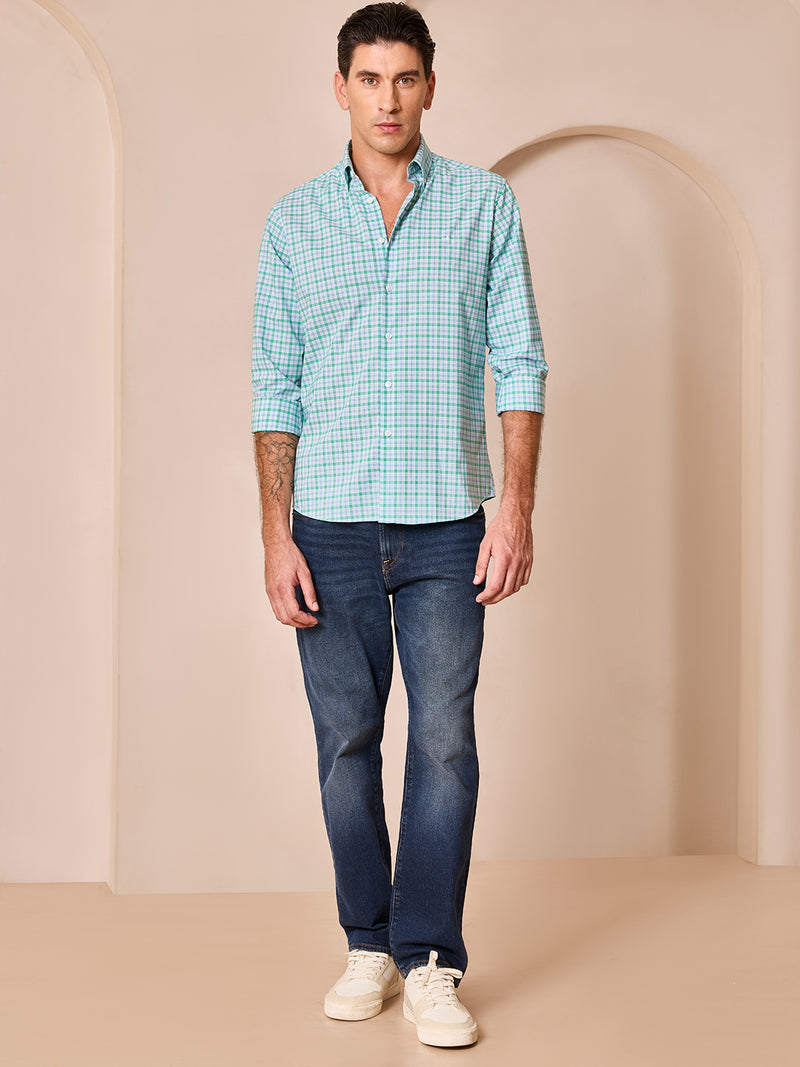 Green and Blue regular fit cotton checked casual shirt for men (CALMA)