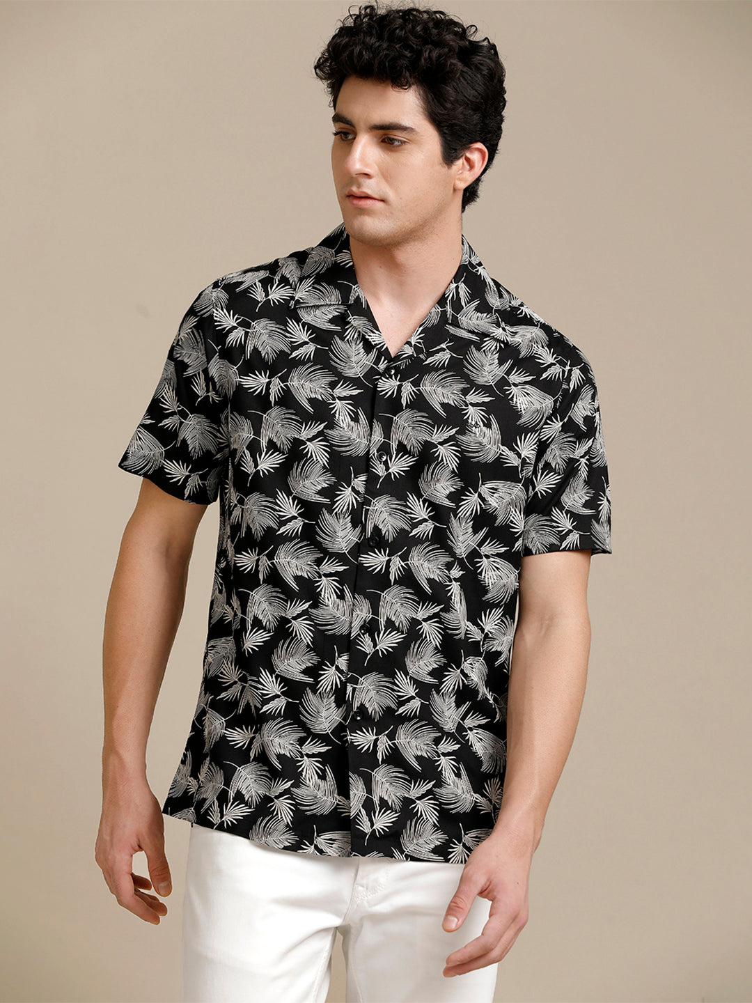 Aldeno Mens Regular Fit Floral Aop Black/White Casual Rayon Shirt (CUBAK)