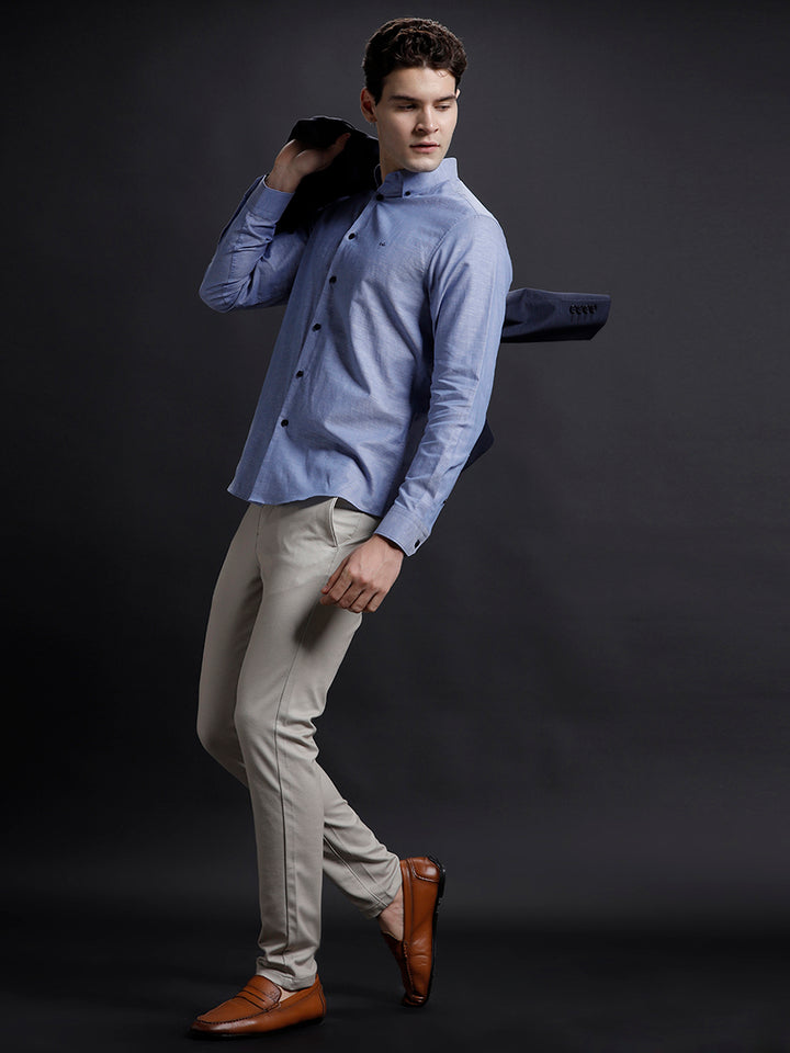 Aldeno Mens Regular Fit Plain Blue Casual Cotton Blend Shirt (LARIE)