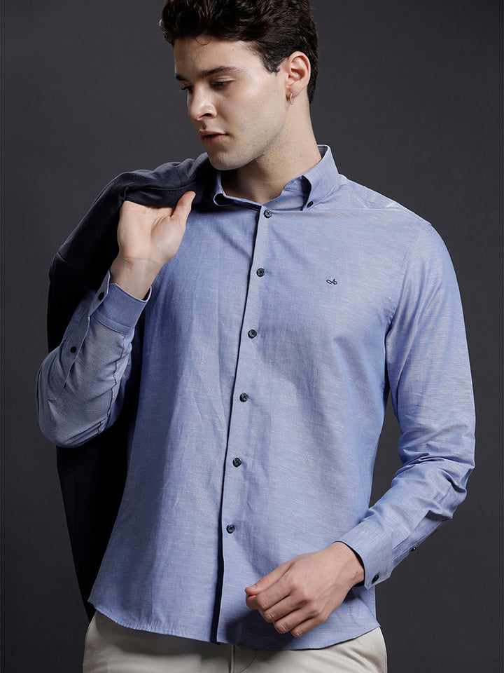 Aldeno Mens Regular Fit Plain Blue Casual Cotton Blend Shirt (LARIE)