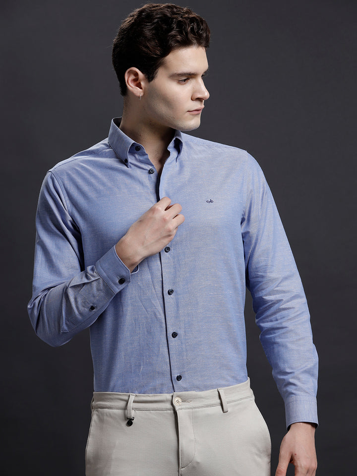 Aldeno Mens Regular Fit Plain Blue Casual Cotton Blend Shirt (LARIE)