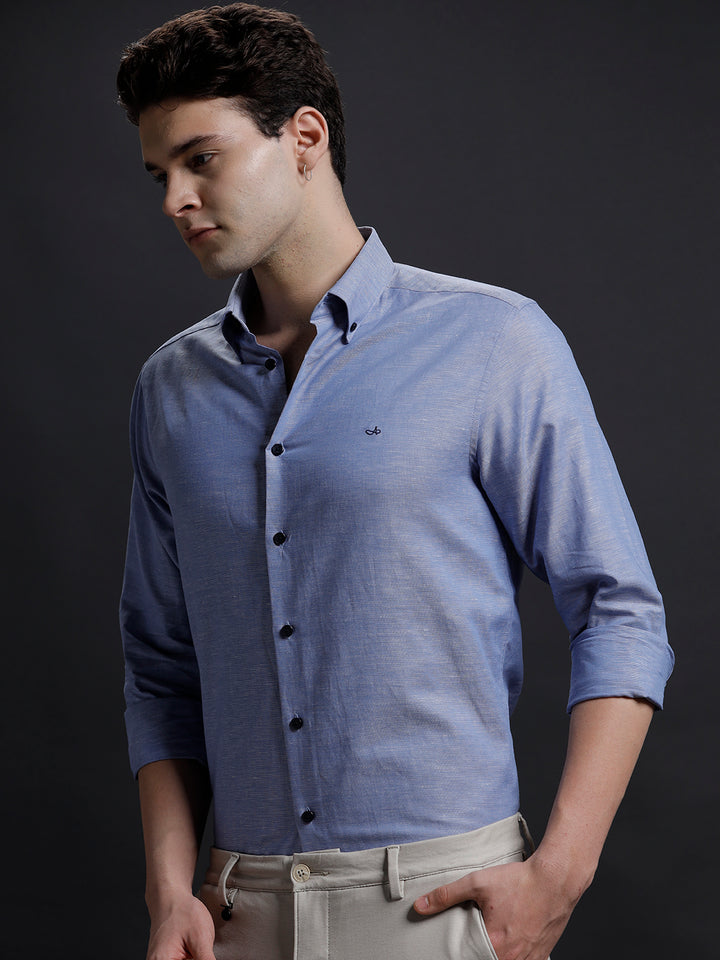 Aldeno Mens Regular Fit Plain Blue Casual Cotton Blend Shirt (LARIE)