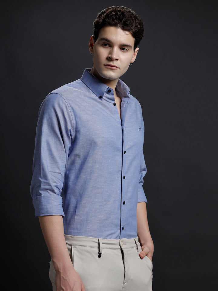 Aldeno Mens Regular Fit Plain Blue Casual Cotton Blend Shirt (LARIE)