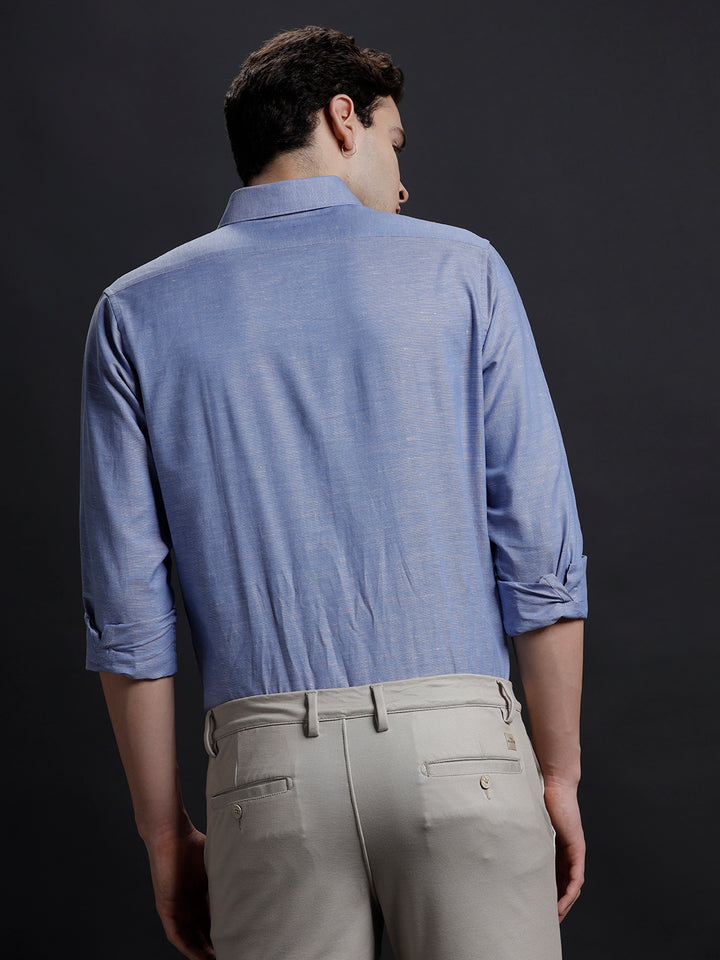 Aldeno Mens Regular Fit Plain Blue Casual Cotton Blend Shirt (LARIE)