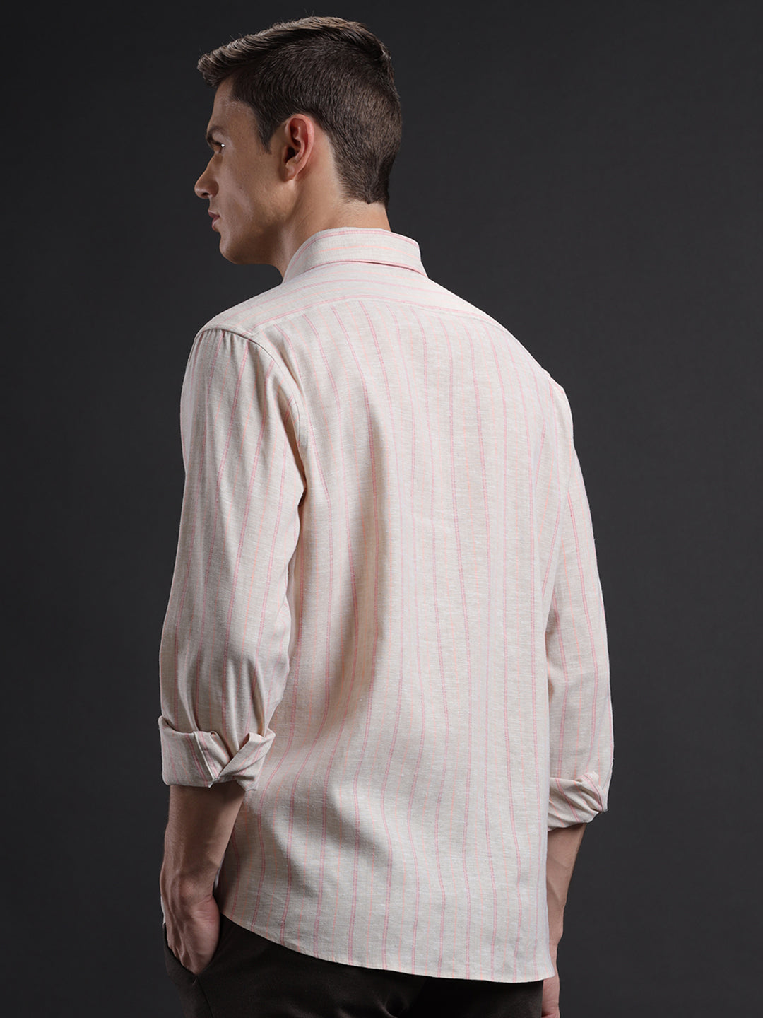 Mens Regular Fit Vertical Cream/Pink/Peach Casual Linen Blend Shirt (LONEL)
