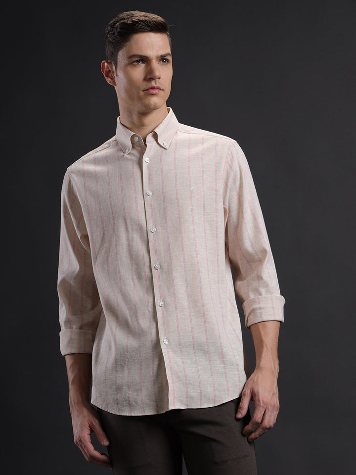 Mens Regular Fit Vertical Cream/Pink/Peach Casual Linen Blend Shirt (LONEL)