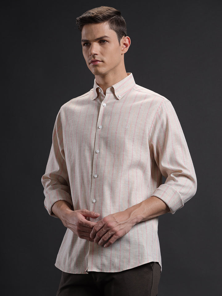 Mens Regular Fit Vertical Cream/Pink/Peach Casual Linen Blend Shirt (LONEL)