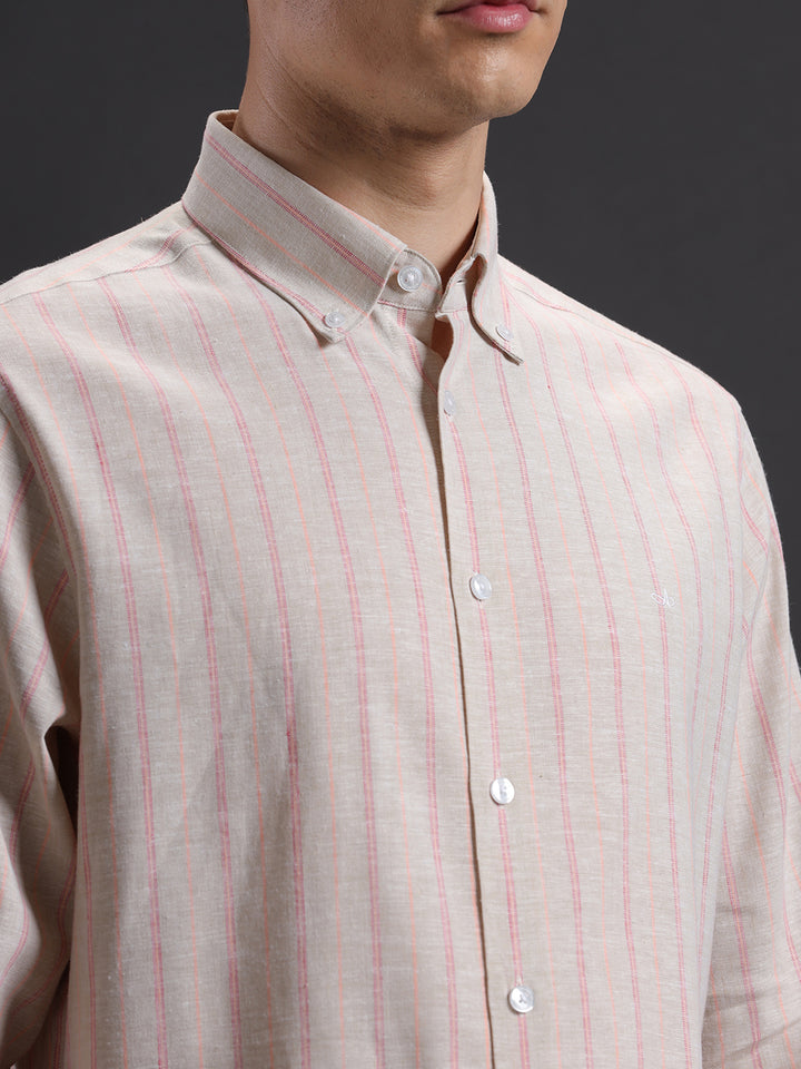 Mens Regular Fit Vertical Cream/Pink/Peach Casual Linen Blend Shirt (LONEL)