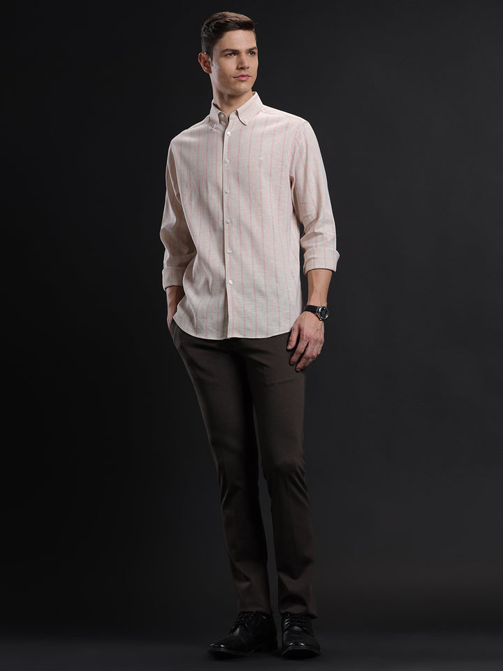 Mens Regular Fit Vertical Cream/Pink/Peach Casual Linen Blend Shirt (LONEL)