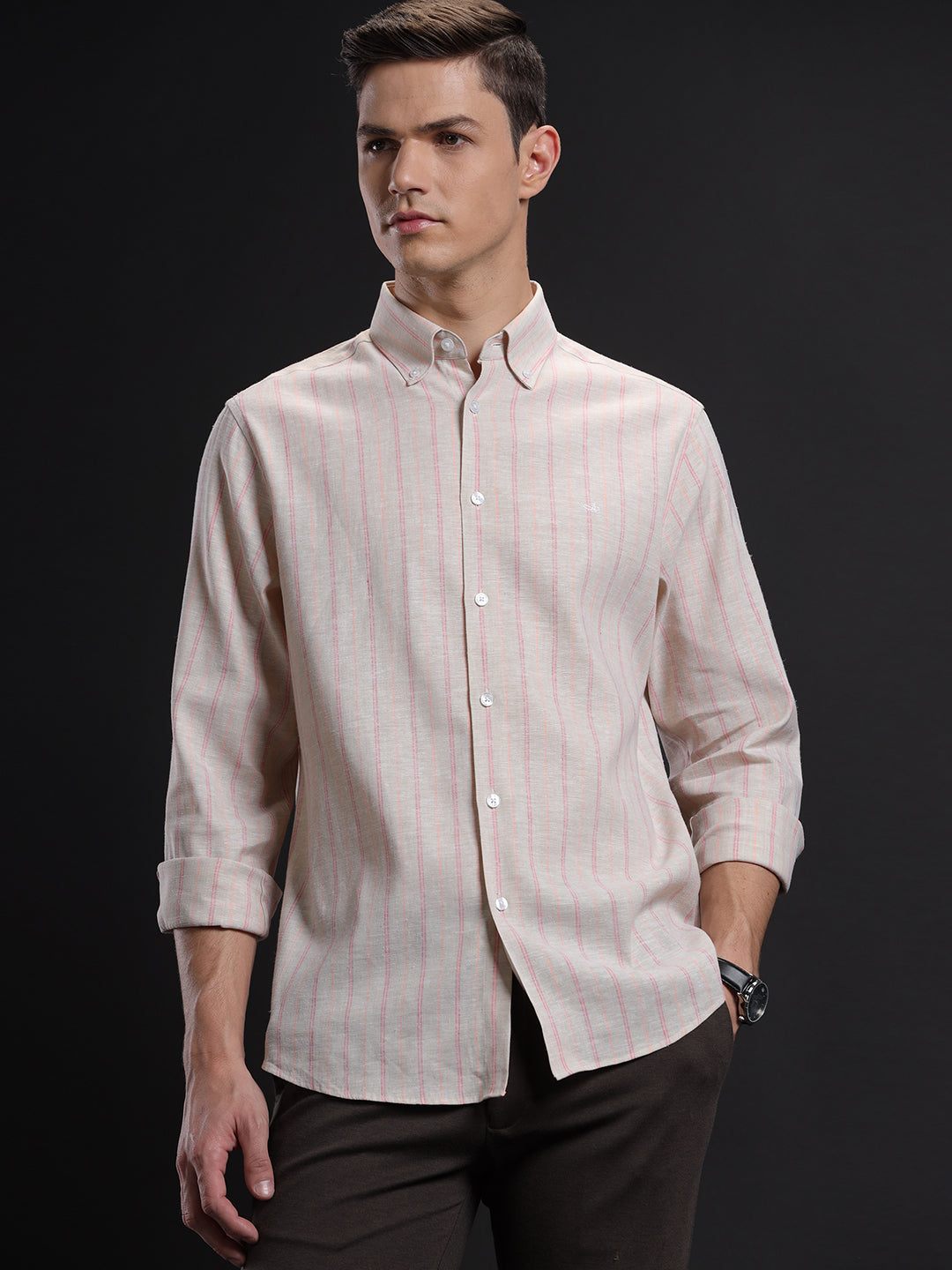 Mens Regular Fit Vertical Cream/Pink/Peach Casual Linen Blend Shirt (LONEL)