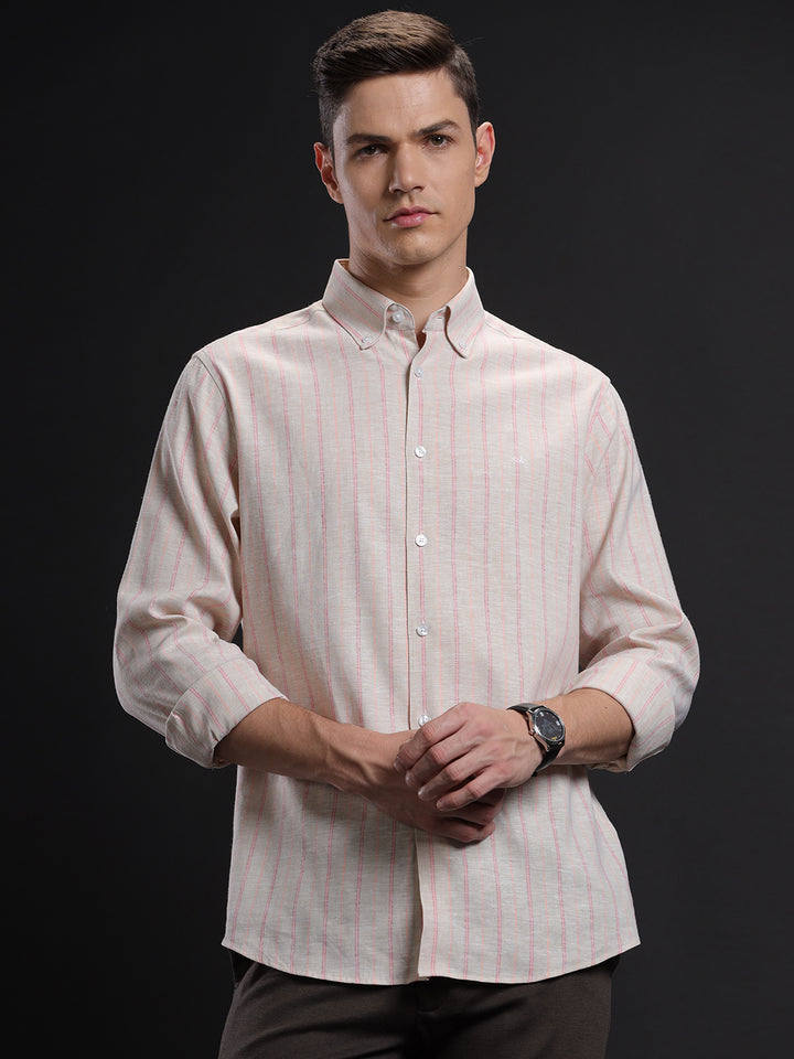 Mens Regular Fit Vertical Cream/Pink/Peach Casual Linen Blend Shirt (LONEL)