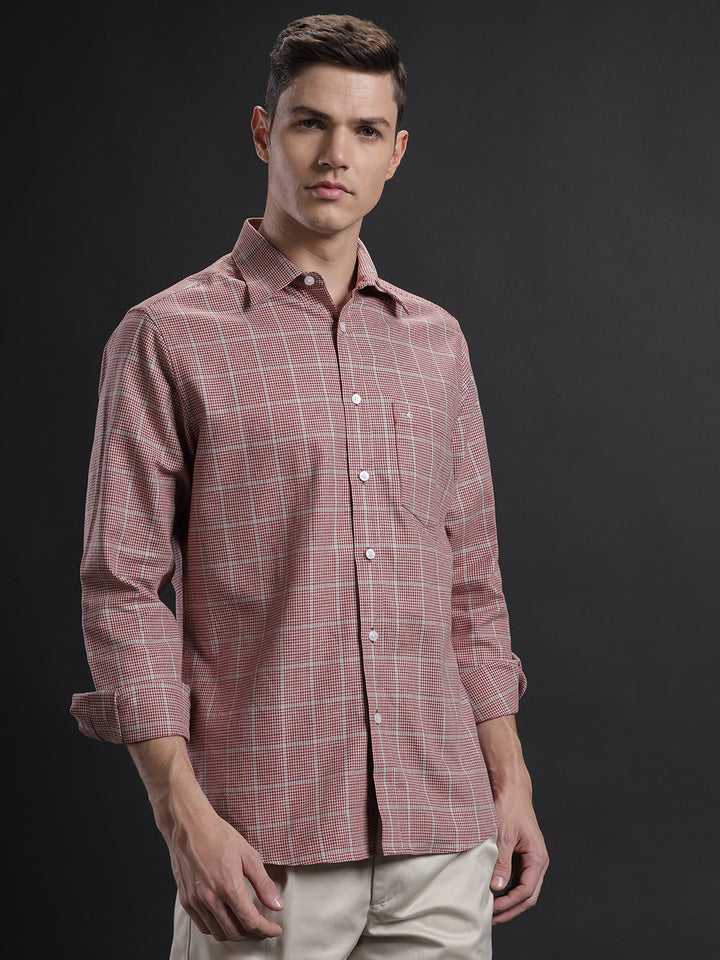 Aldeno Men Regular Fit Check Red/Beige/Blue Casual Linen Blend Shirt (CONSI)