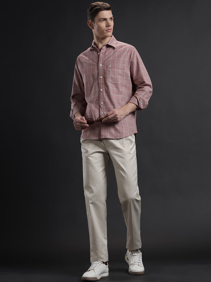 Aldeno Men Regular Fit Check Red/Beige/Blue Casual Linen Blend Shirt (CONSI)