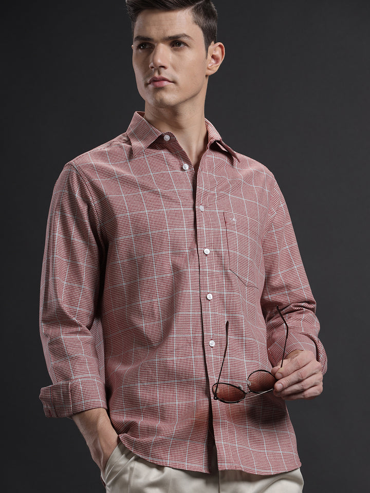 Aldeno Men Regular Fit Check Red/Beige/Blue Casual Linen Blend Shirt (CONSI)