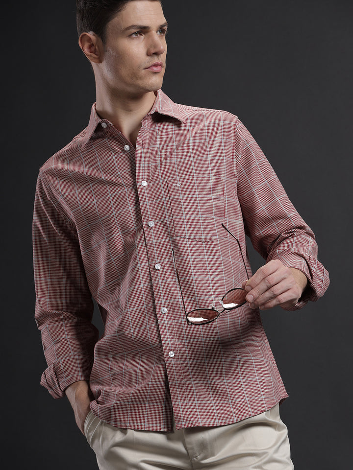Aldeno Men Regular Fit Check Red/Beige/Blue Casual Linen Blend Shirt (CONSI)