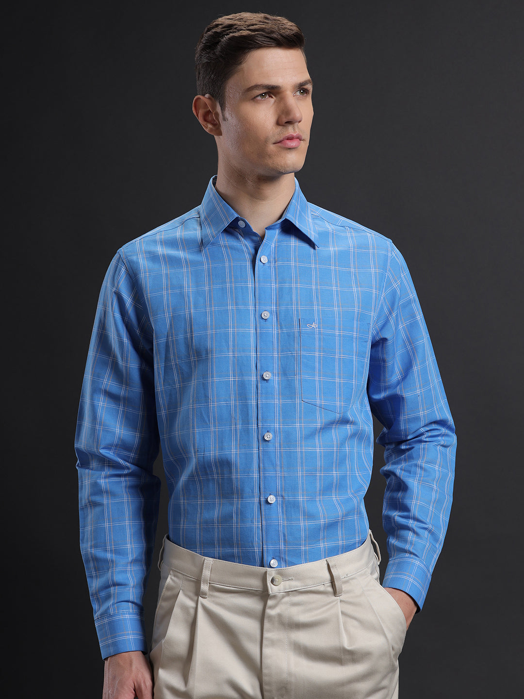 Aldeno Mens Regular Fit Check Blue/White/Beige Casual Linen Blend Shirt (CAMSI)