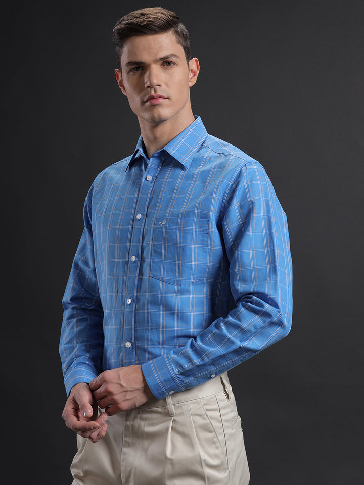 Aldeno Men Regular Fit Check Blue/White/Beige Casual Linen Blend Shirt (CAMSI)