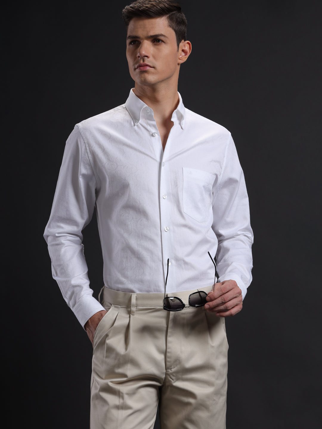 Aldeno Mens Slim Fit Textured White Formal Cotton Shirt (WELDO)