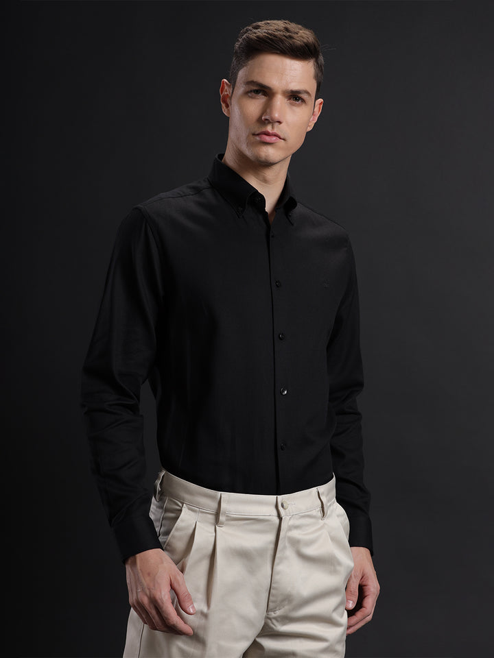 Aldeno Mens Regular Fit Plain Black Casual Cotton Shirt (TABLO)