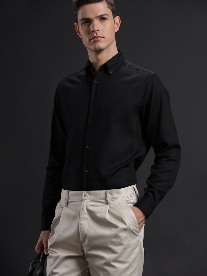 Aldeno Mens Regular Fit Plain Black Casual Cotton Shirt (TABLO)