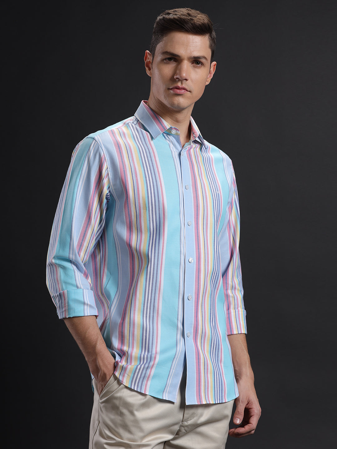 Mens Regular Fit Vertical Blue/Navy/Pink/White/Yellow Casual Cotton Shirt (HALAM)