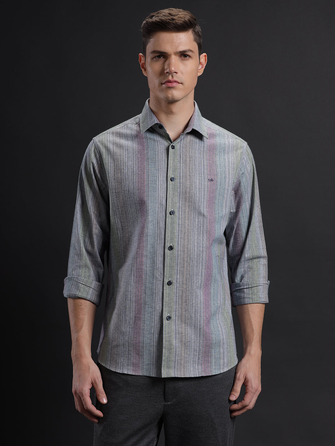Aldeno Mens Regular Fit Vertical Pink/Blue/Grey Casual Cotton Shirt (HEMIL)