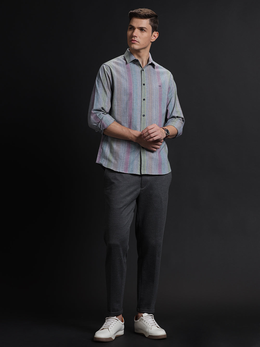 Aldeno Mens Regular Fit Vertical Pink/Blue/Grey Casual Cotton Shirt (HEMIL)
